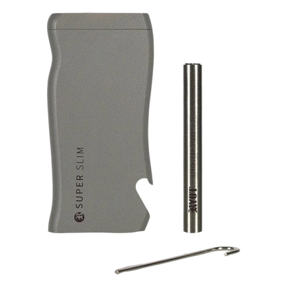 Close-up front view of the grey RYOT Super Slim Magnetic Dugout With One Hitter and its stainless steel one-hitter laid upright beside the case.