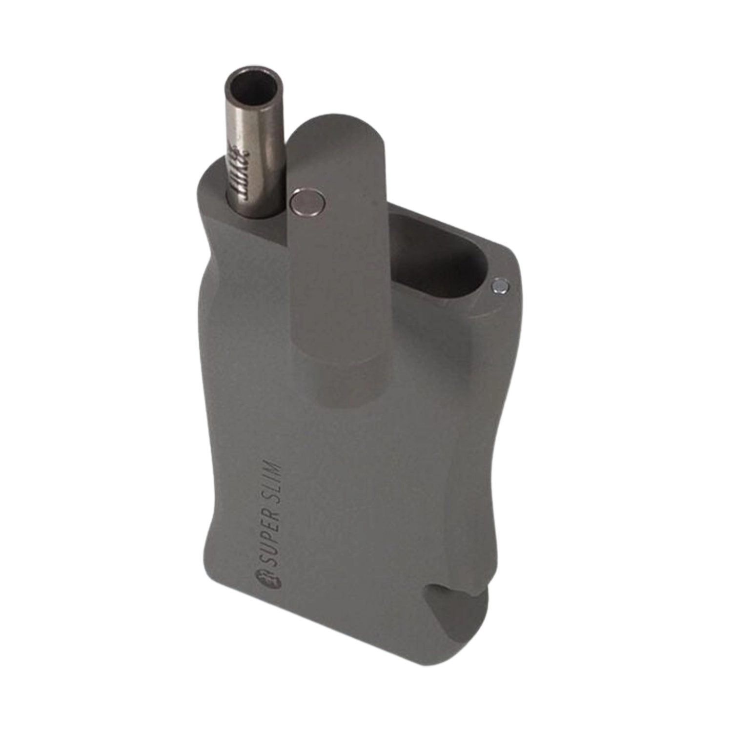 Top-down view of the gray RYOT Super Slim Magnetic Dugout With One Hitter showing the open metal one-hitter and swivel lid.
