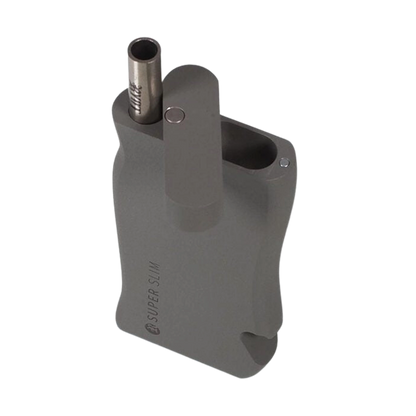Top-down view of the gray RYOT Super Slim Magnetic Dugout With One Hitter showing the open metal one-hitter and swivel lid.