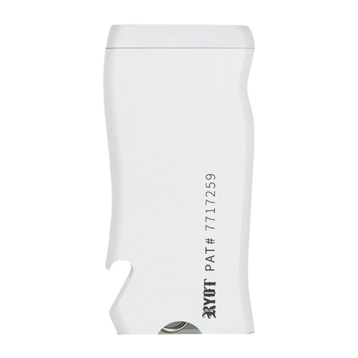 Close-up front view of the white RYOT Super Slim Magnetic Dugout With One Hitter showing its slim curved body, corner magnet, and partial printed logo.