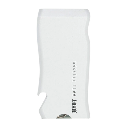 Close-up front view of the white RYOT Super Slim Magnetic Dugout With One Hitter showing its slim curved body, corner magnet, and partial printed logo.