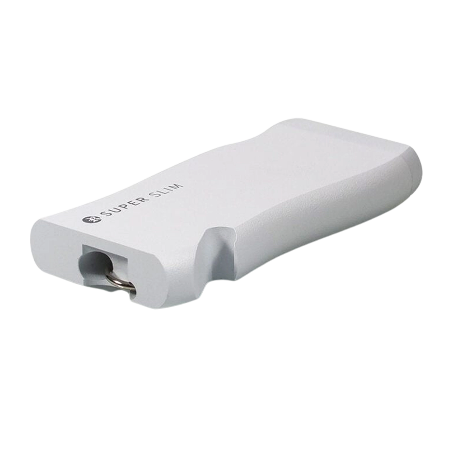 Angled close-up of a white RYOT Super Slim Magnetic Dugout With One Hitter showing its slim rectangular body, curved edges, and recessed metal one-hitter.