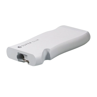 Angled close-up of a white RYOT Super Slim Magnetic Dugout With One Hitter showing its slim rectangular body, curved edges, and recessed metal one-hitter.