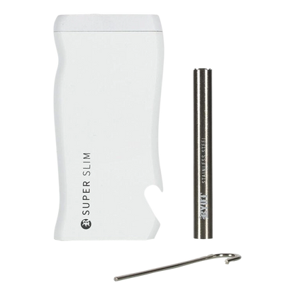 Close-up front view of the white RYOT Super Slim Magnetic Dugout With One Hitter showing the slim case, stainless-steel one-hitter, and metal poker on a white background