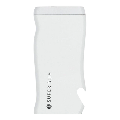 Close-up front view of the white RYOT Super Slim Magnetic Dugout With One Hitter showing its curved silhouette and centered vertical logo.