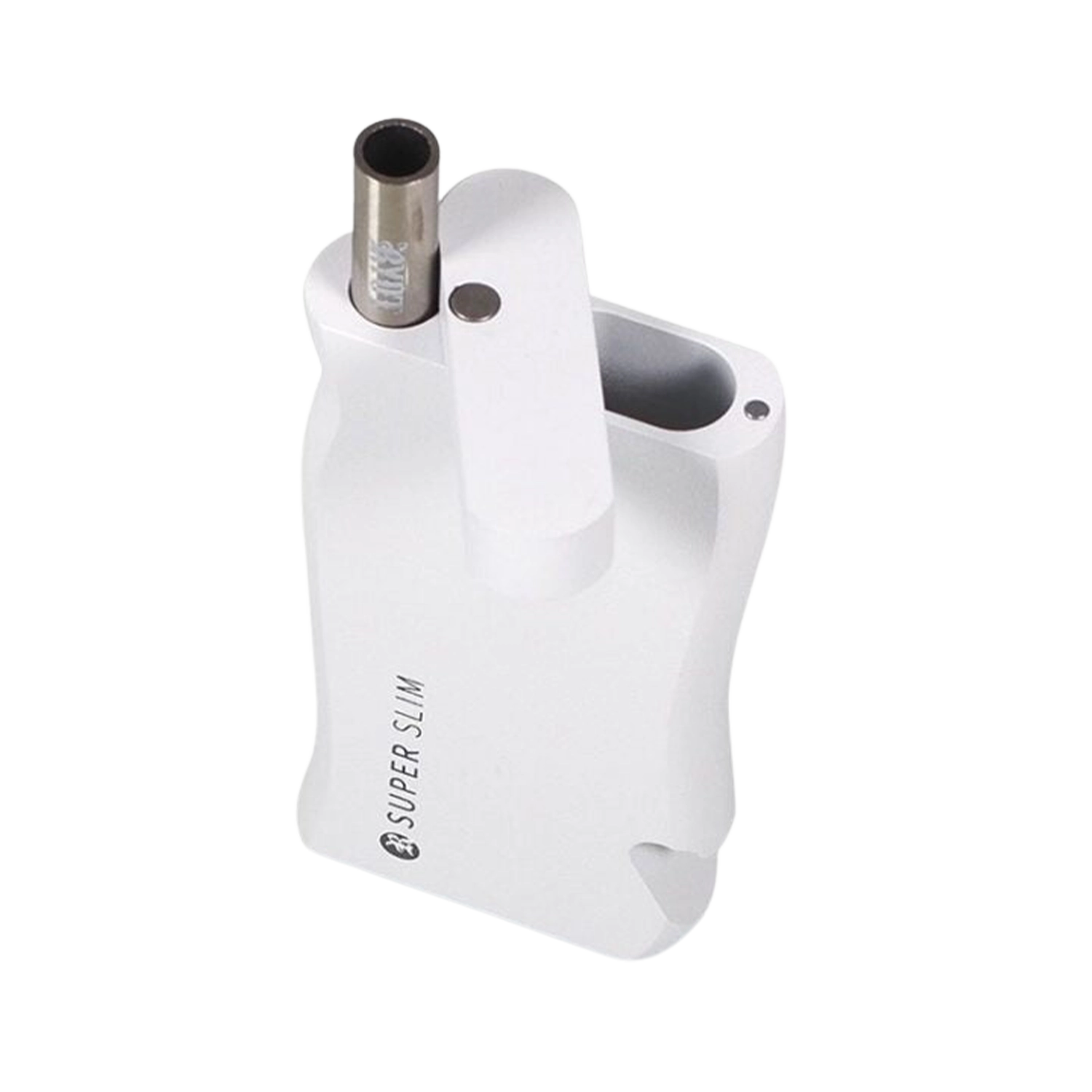 Angled top-down view of the white RYOT Super Slim Magnetic Dugout With One Hitter showing its stainless steel one-hitter and flip lid.