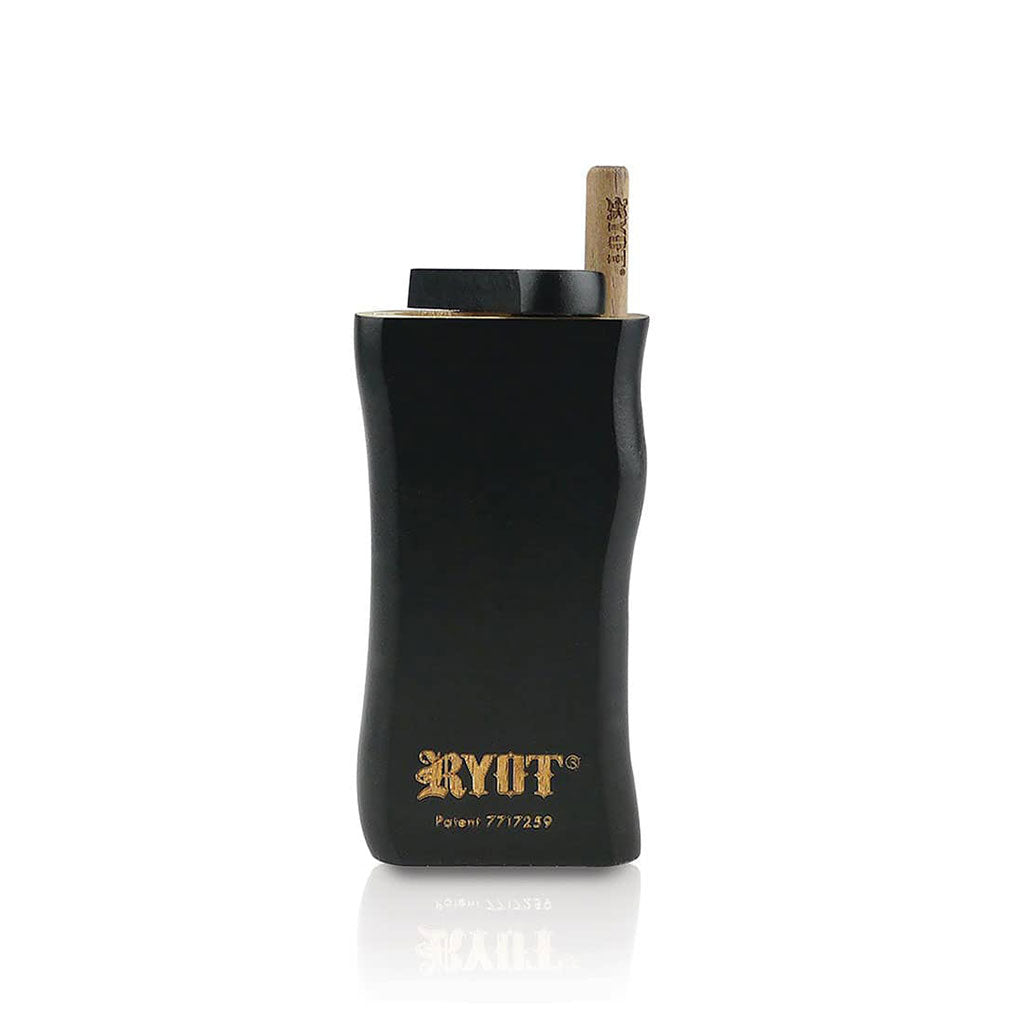Front view of the black RYOT Wooden Magnetic Dugout With Matching One Hitter standing upright on a white reflective surface, the wooden one-hitter partially visible from the open top.