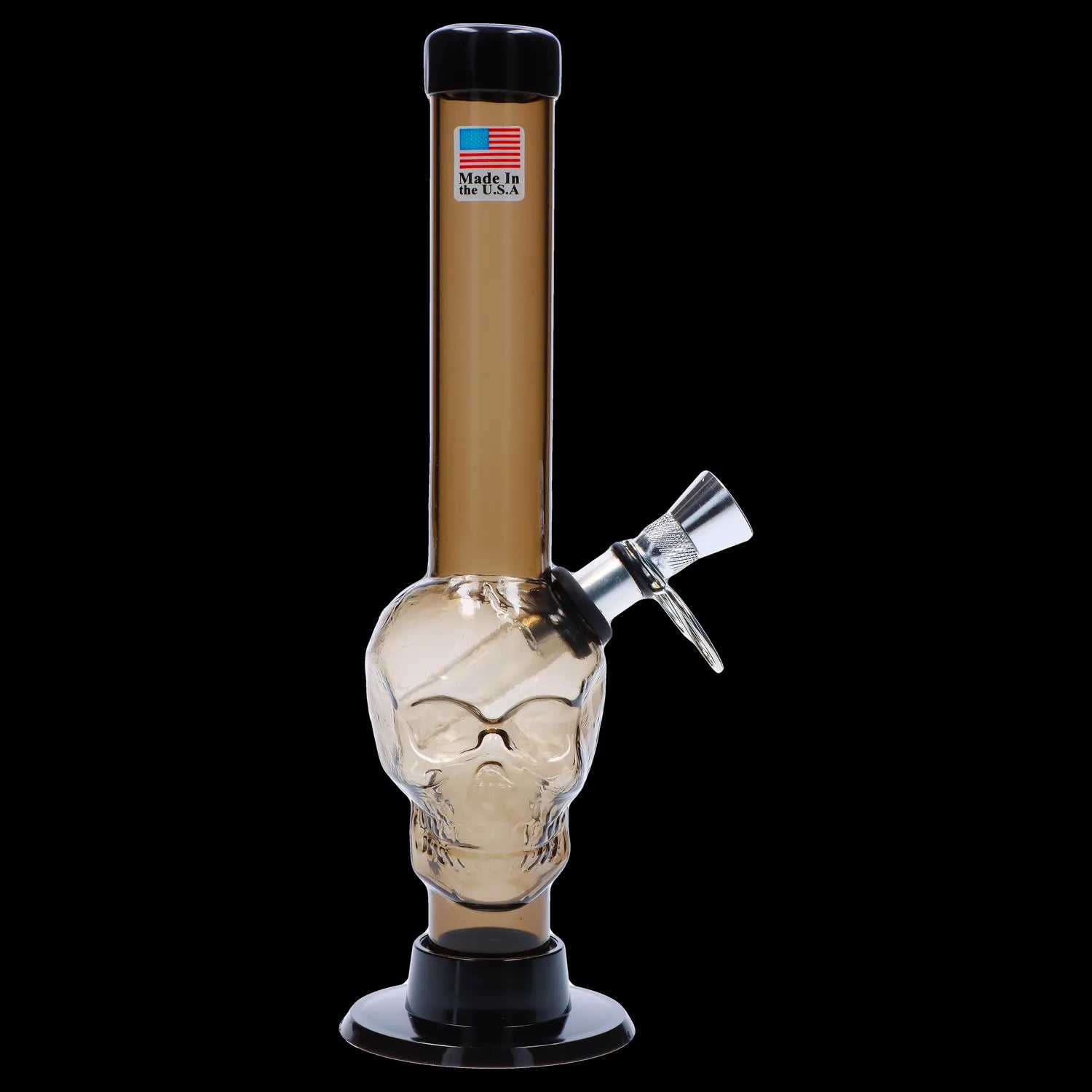 Front view of the 8-inch JM Plastics Skull Base with Pull Slide Acrylic Water Pipe, showcasing its transparent, skull-shaped base.