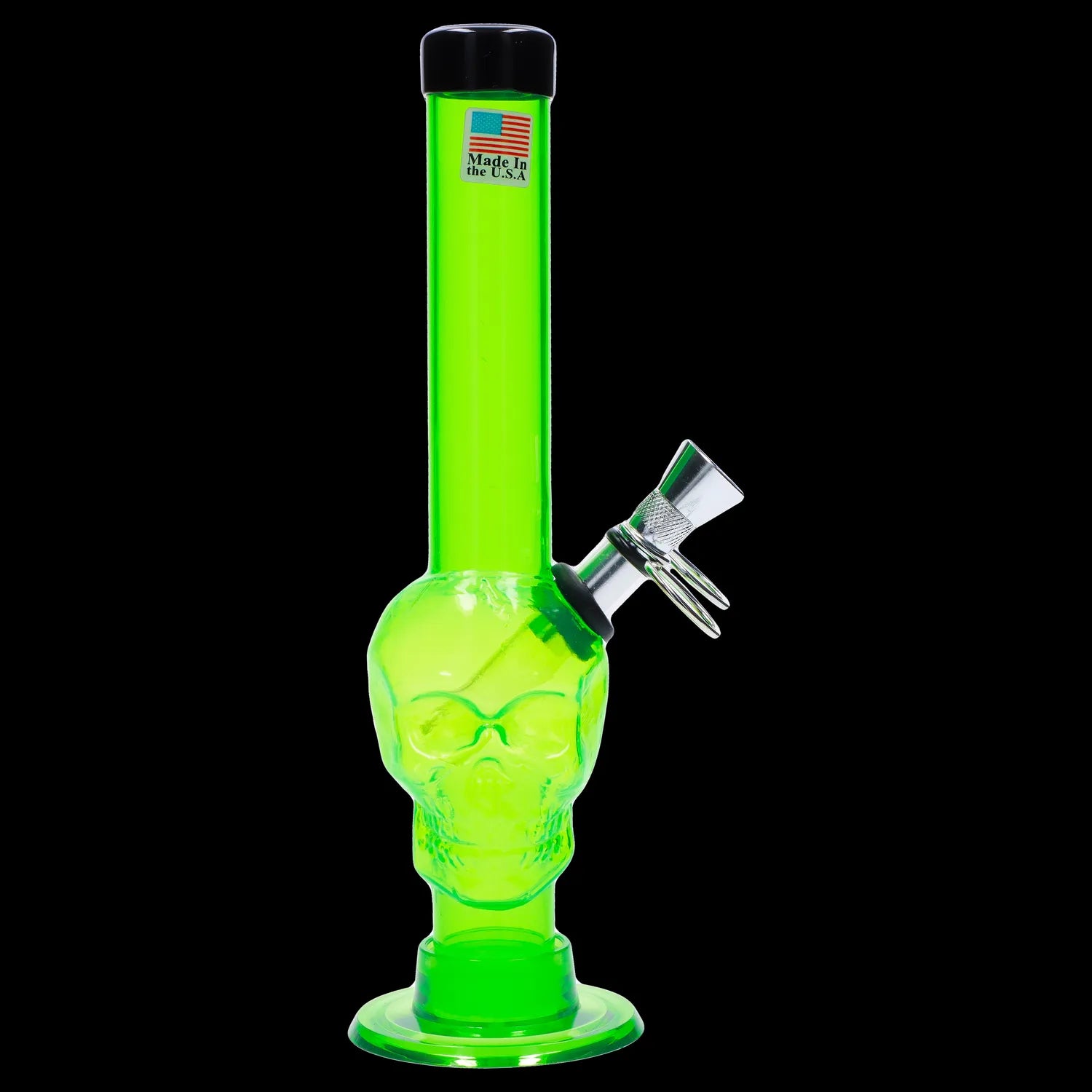 Front view of the 8-inch JM Plastics Skull Base with Pull Slide Acrylic Water Pipe, illuminated against a dark background.