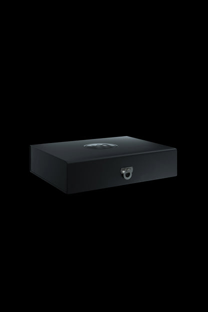 Sleek black storage box with a locking clasp, likely for cannabis or accessories.