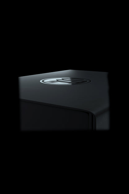 Sleek black cannabis vaporizer device with a branded logo.