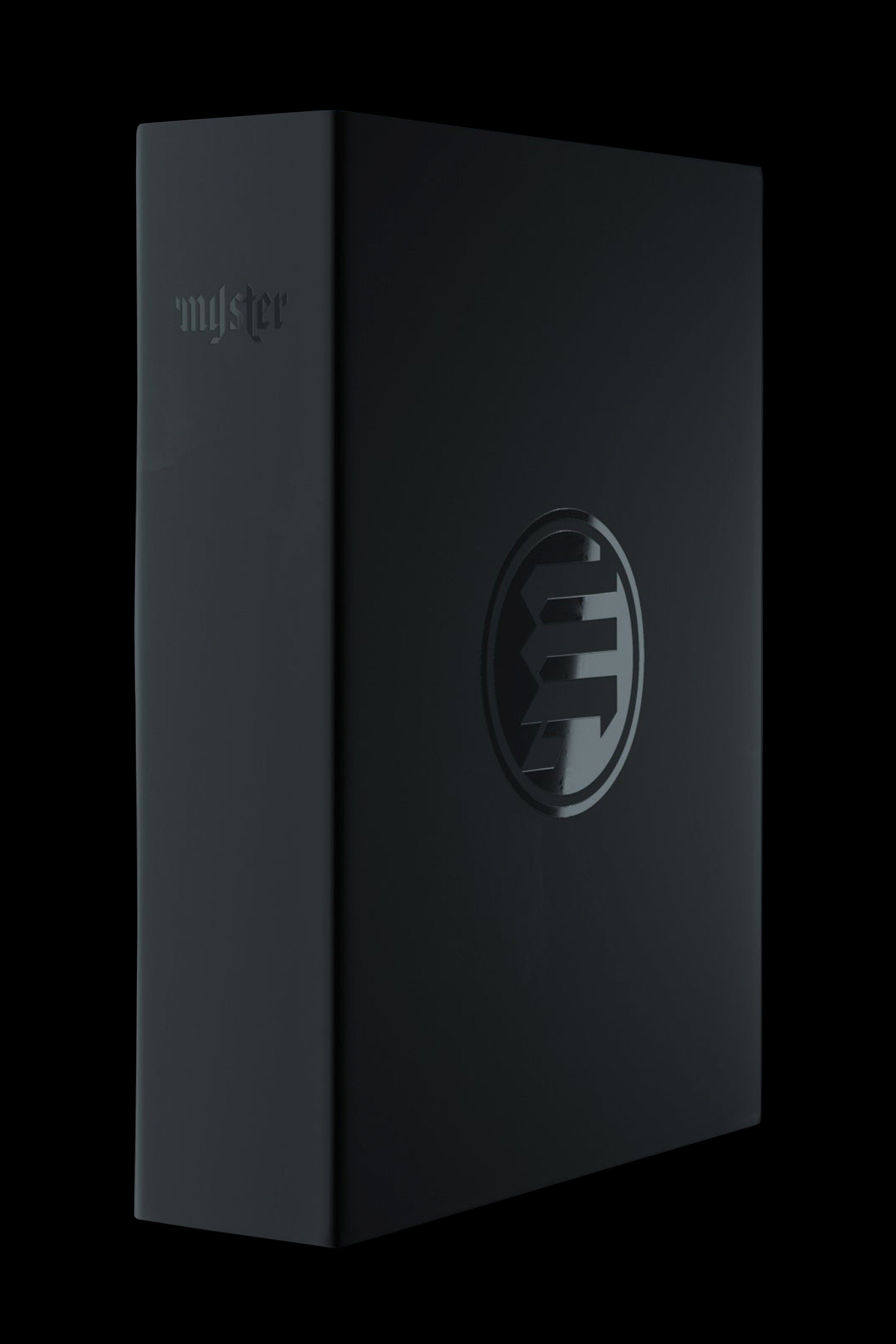 Black cannabis storage box with embossed logo and branding.