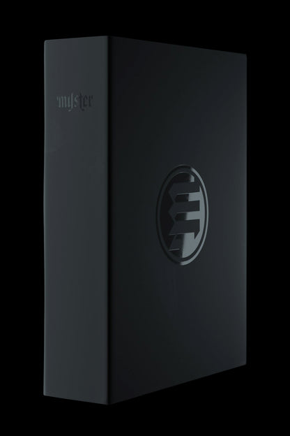 Black cannabis storage box with embossed logo and branding.