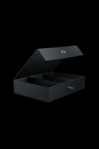 Black cannabis accessory storage box with internal compartments and a combination lock.