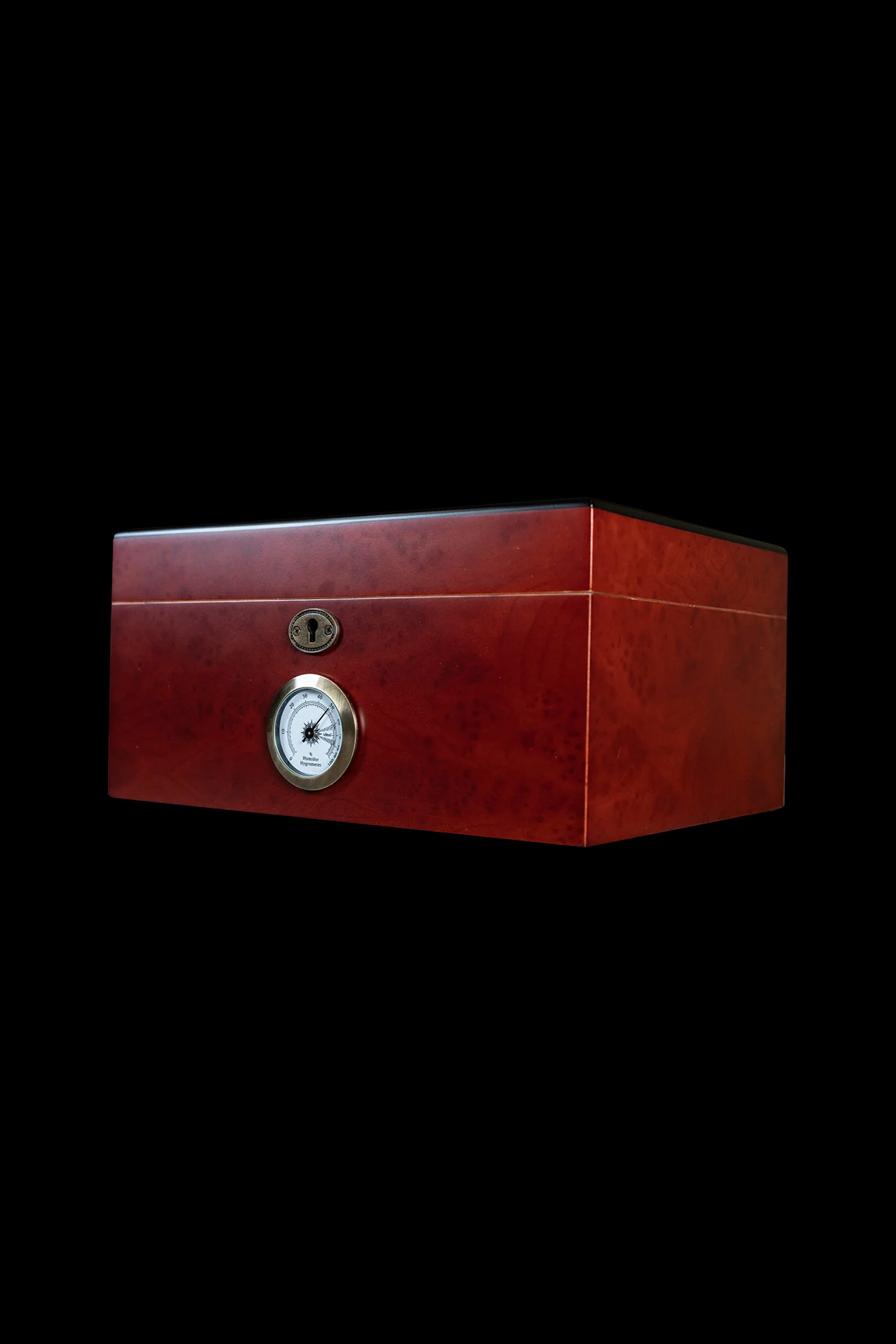 Red wooden storage box with a lock and humidity gauge, likely for cannabis preservation.