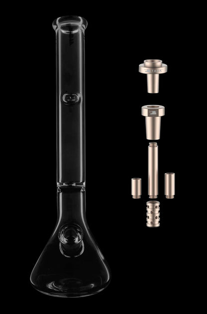 Glass bong with disassembled downstem and mouthpiece components, isolated on black.