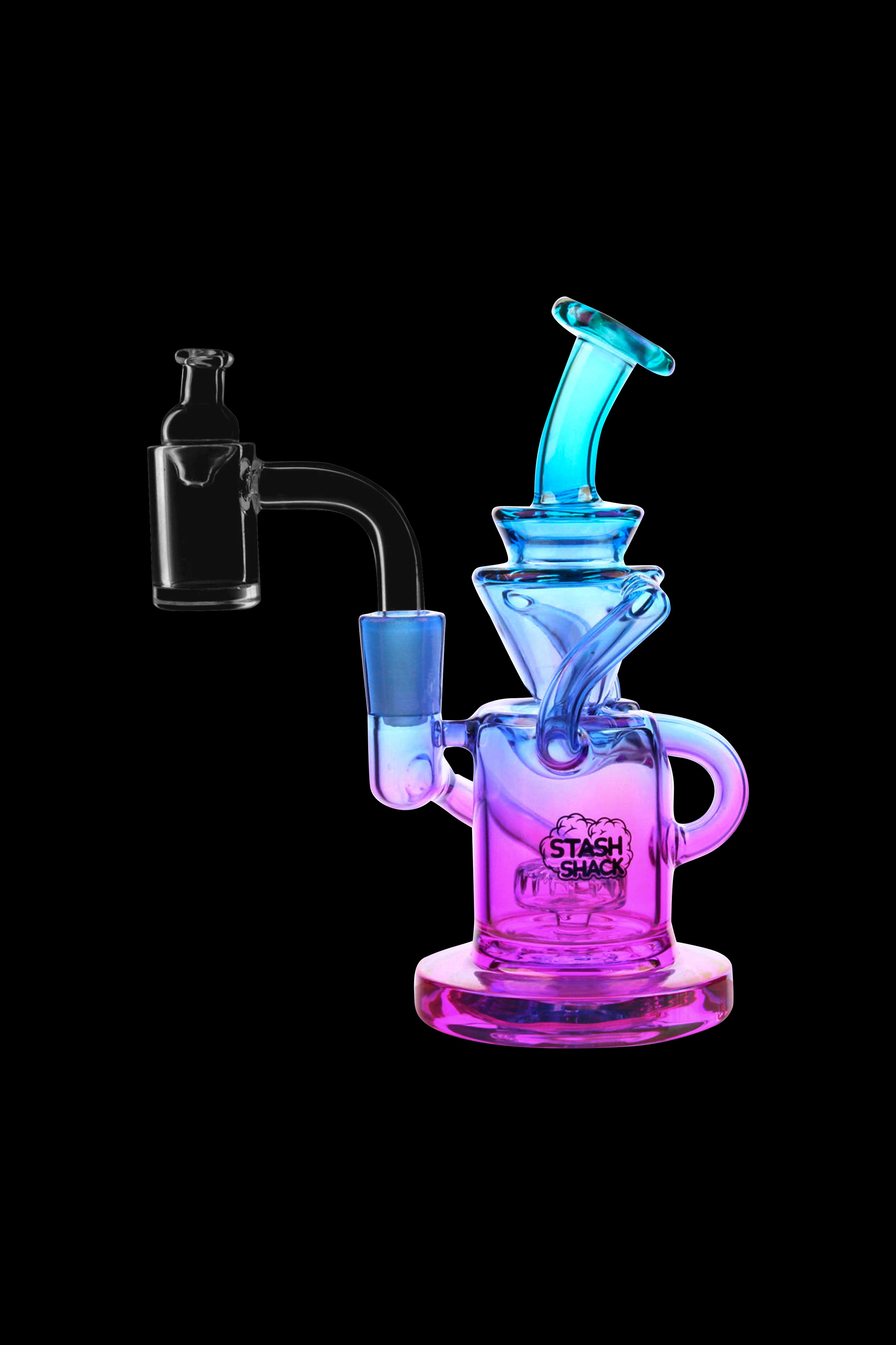 Neon pink and blue glass rig with a quartz dab nail, branded “Stash Shack.”