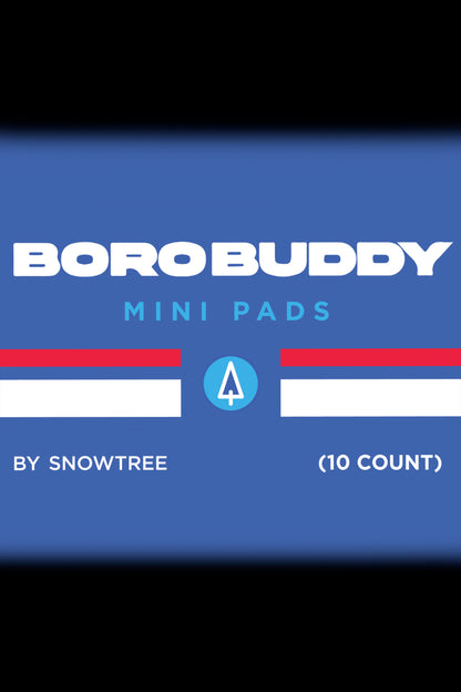 Packaging for “BoroBuddy Mini Pads” by Snowtree, featuring a blue background, white and red stripes, and a triangular cannabis leaf symbol. 10 count.