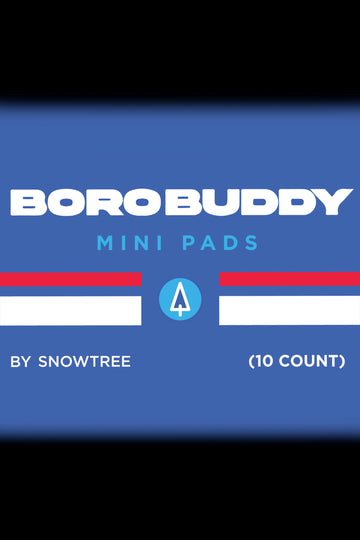 Packaging for “BoroBuddy Mini Pads” by Snowtree, featuring a blue background, white and red stripes, and a triangular cannabis leaf symbol. 10 count. - SnowTree BoroBuddy Mini Cleaning Pads