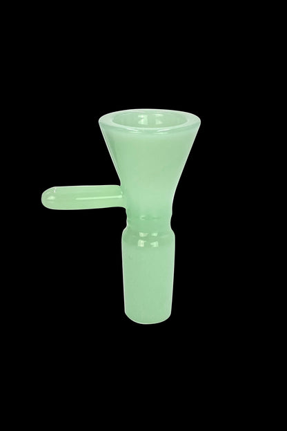 Pale green glass bowl for smoking, with a handle and connection joint.