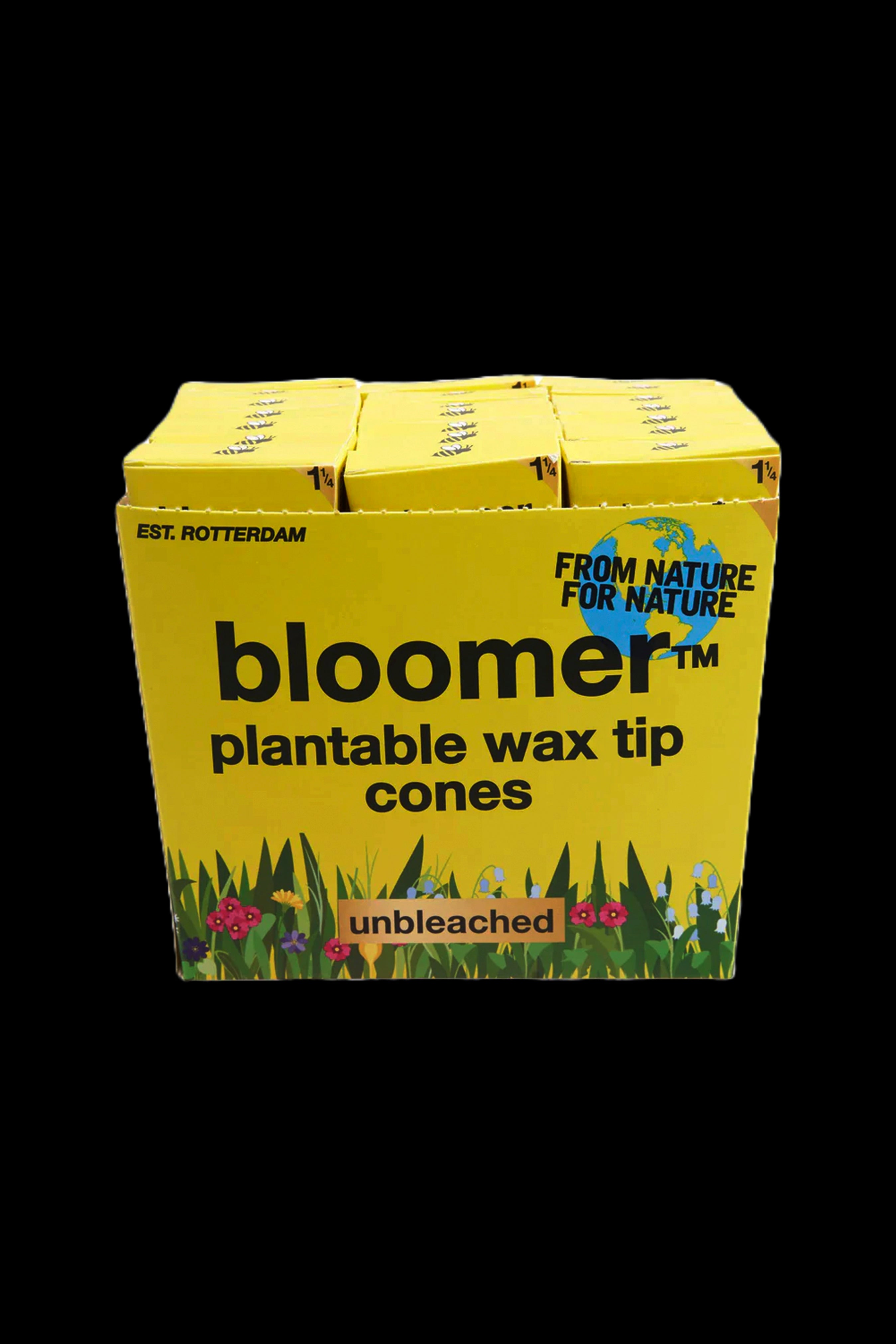 Yellow box of “bloomer” plantable wax tip cones with a green floral design.