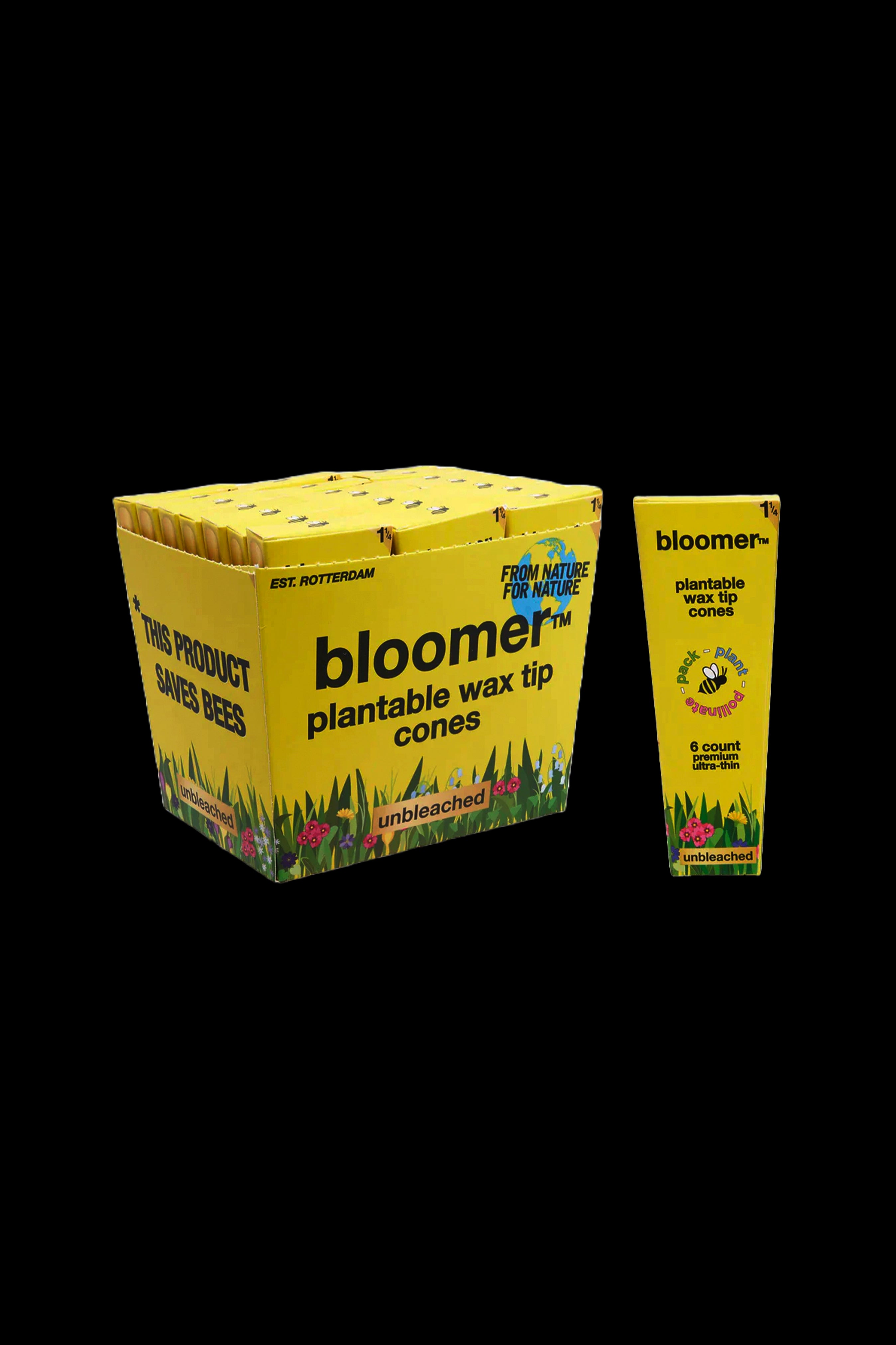 Box of “bloomer” plantable wax tip cones, promoting bee conservation and featuring “unbleached” labeling.