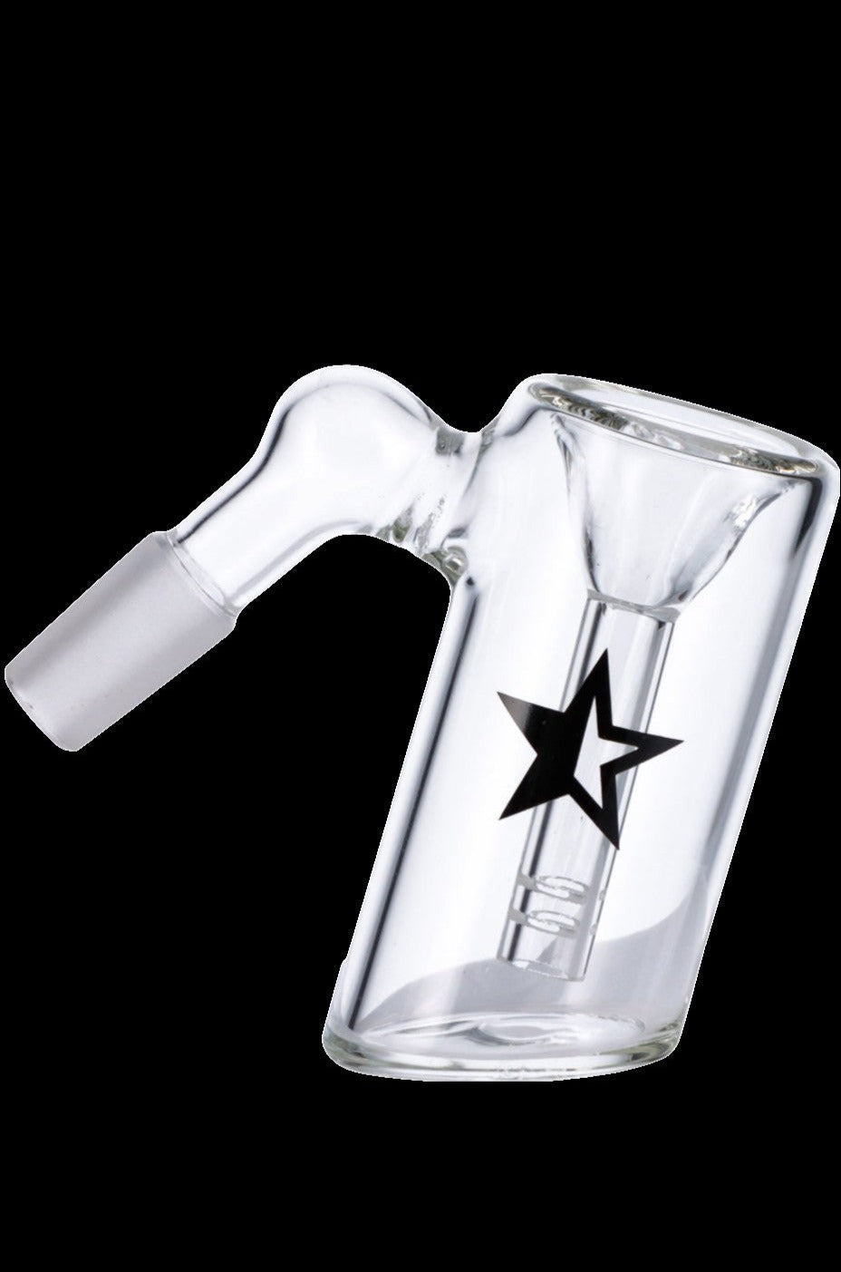 Angled close-up of the Famous X 45 Degree Glass Ash Catcher in clear glass with a black star logo against a solid black background
