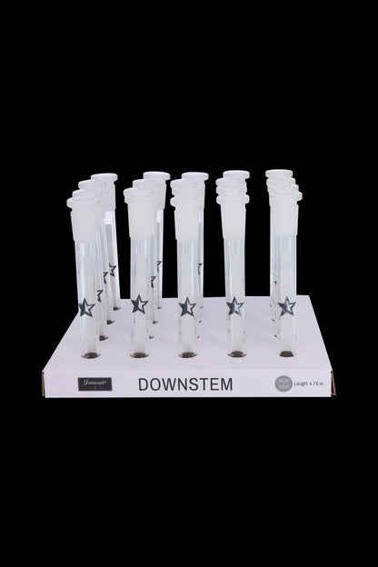 Pack of glass downstems for water pipes, displayed on branded packaging.