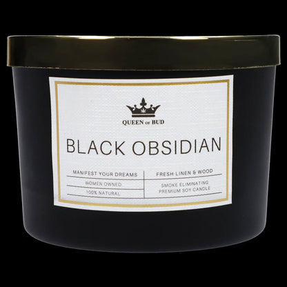 Black “Queen of Bud” candle labeled “Black Obsidian” with text indicating it's a smoke-eliminating, 100% natural soy candle.
