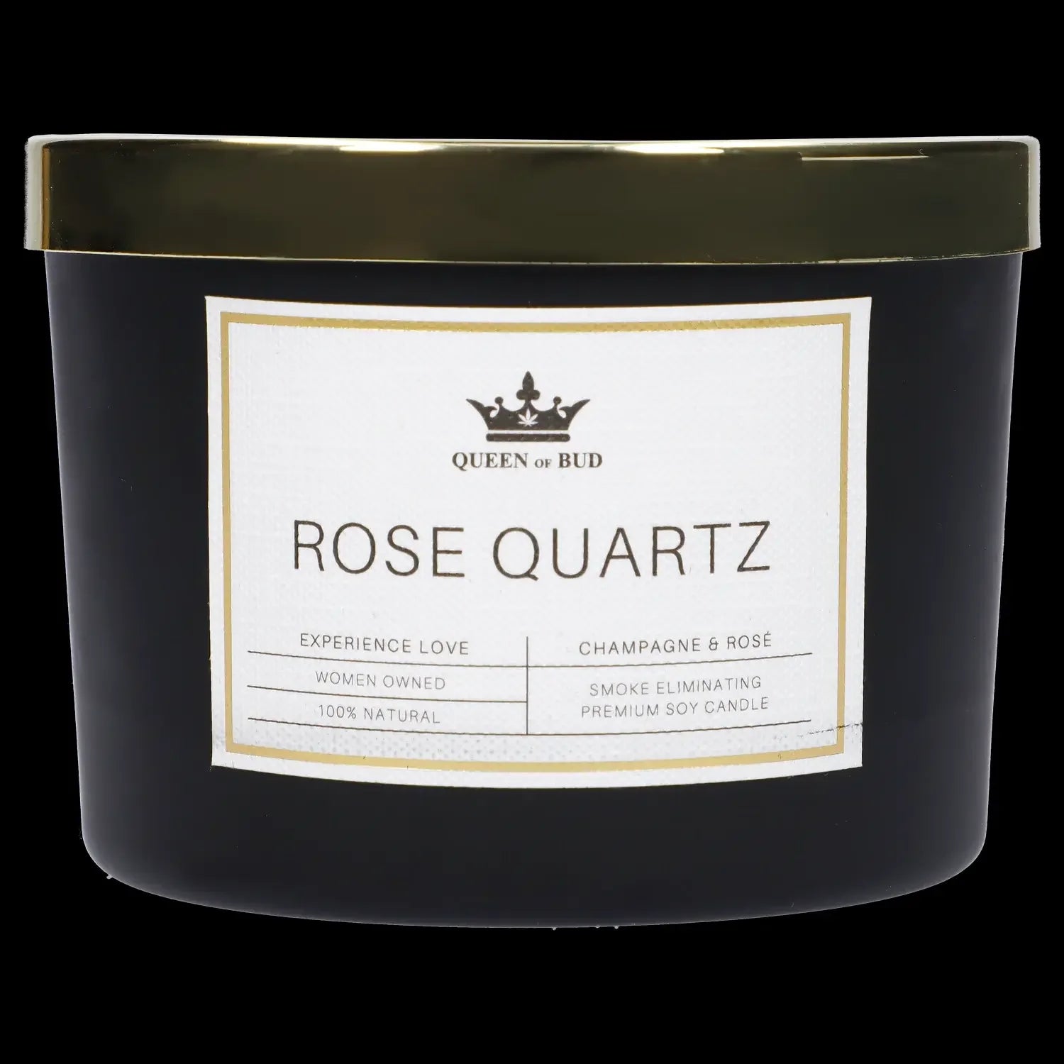 Black jarred candle labeled “Rose Quartz” by Queen of Bud, marketed as smoke eliminating and 100% natural.