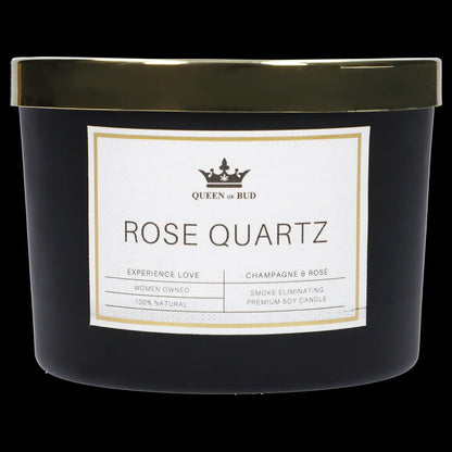 Black jarred candle labeled “Rose Quartz” by Queen of Bud, marketed as smoke eliminating and 100% natural.