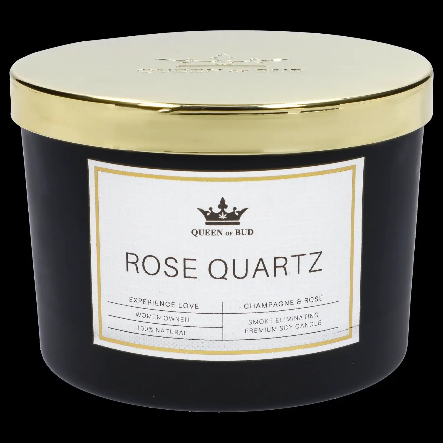 A white jar candle labeled “Rose Quartz” from “Queen of Bud” with gold trim, marketed as smoke eliminating and 100% natural.