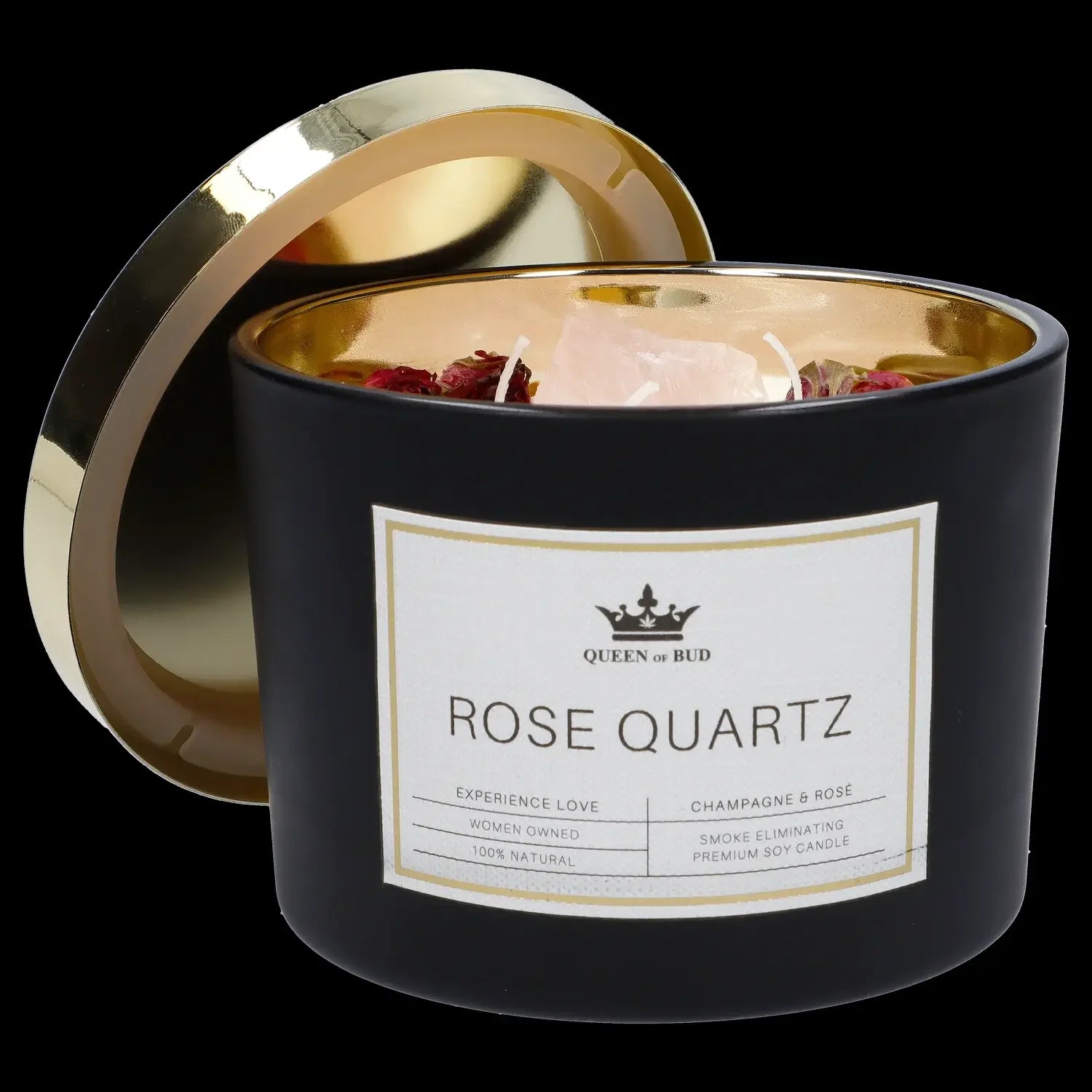 Black glass jar with a gold lid containing a soy candle labeled “Rose Quartz” by “Queen of Bud,” marketed as a smoke-eliminating, natural product.
