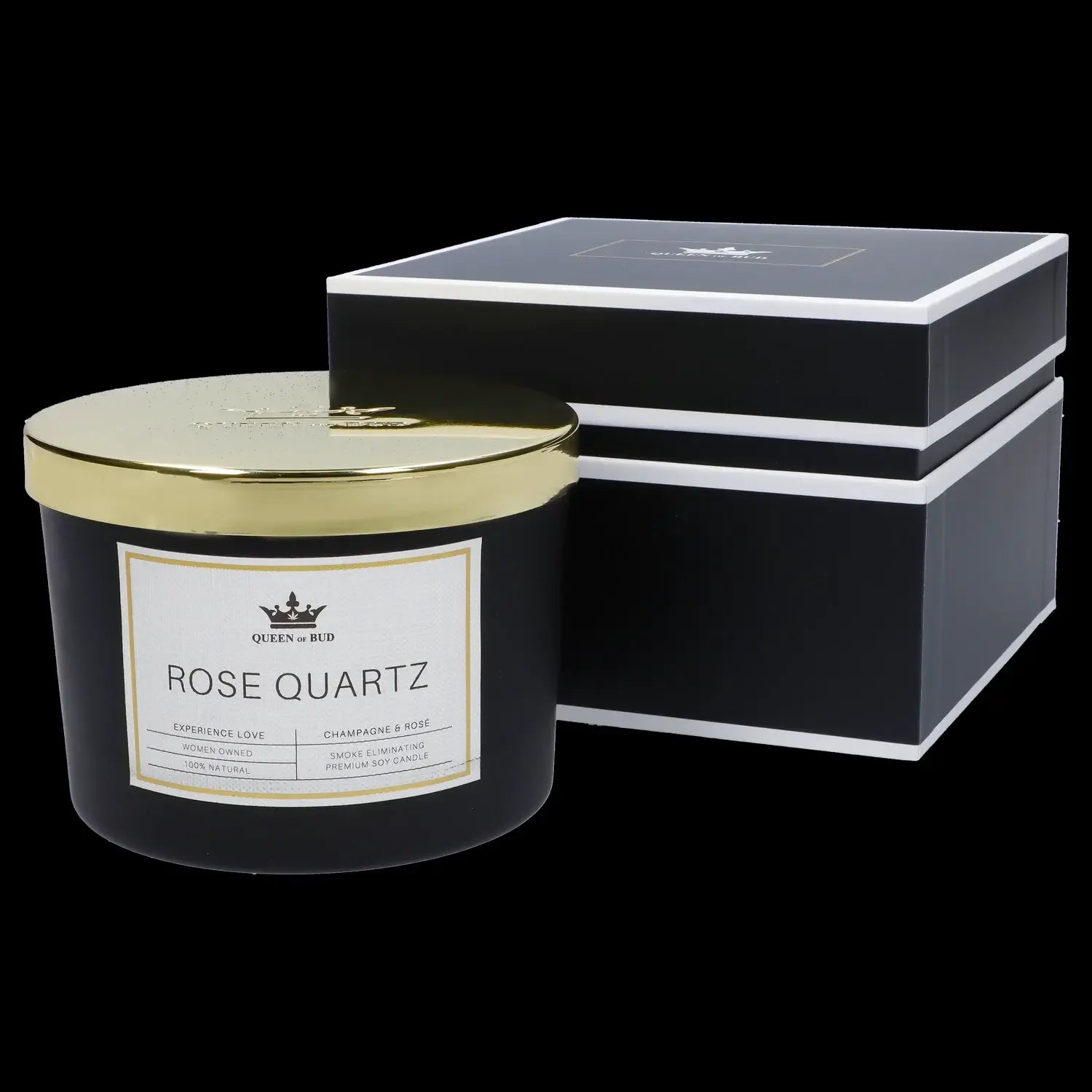 Rose Quartz cannabis-inspired soy candle in a black jar with gold lid, next to its matching gift box.