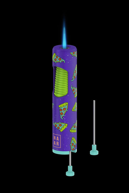 A front view of the lit NAAR Jet Lighter, featuring a purple and floral patterned design.