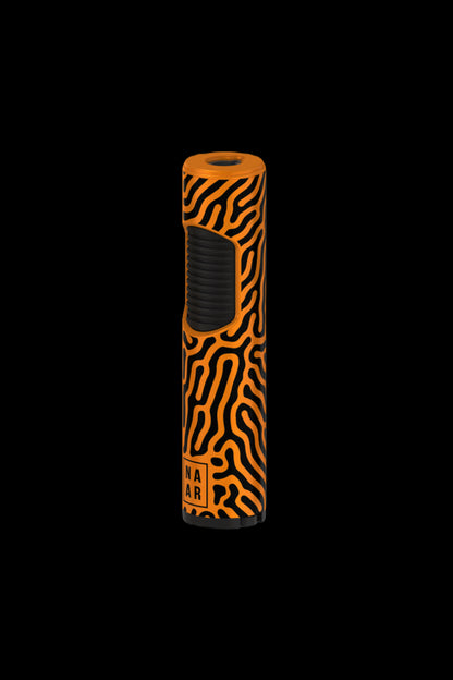 Orange and black patterned cannabis vape pen with “NAR” logo. <start_of_image>
