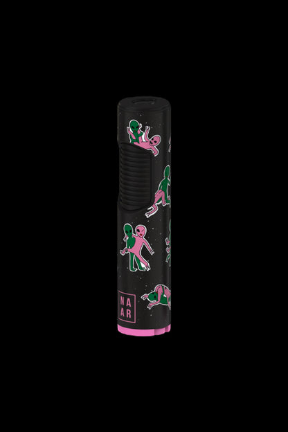 Black cannabis grinder with a repeating pattern of neon pink and green aliens skating, branded with “NAAR” in white.
