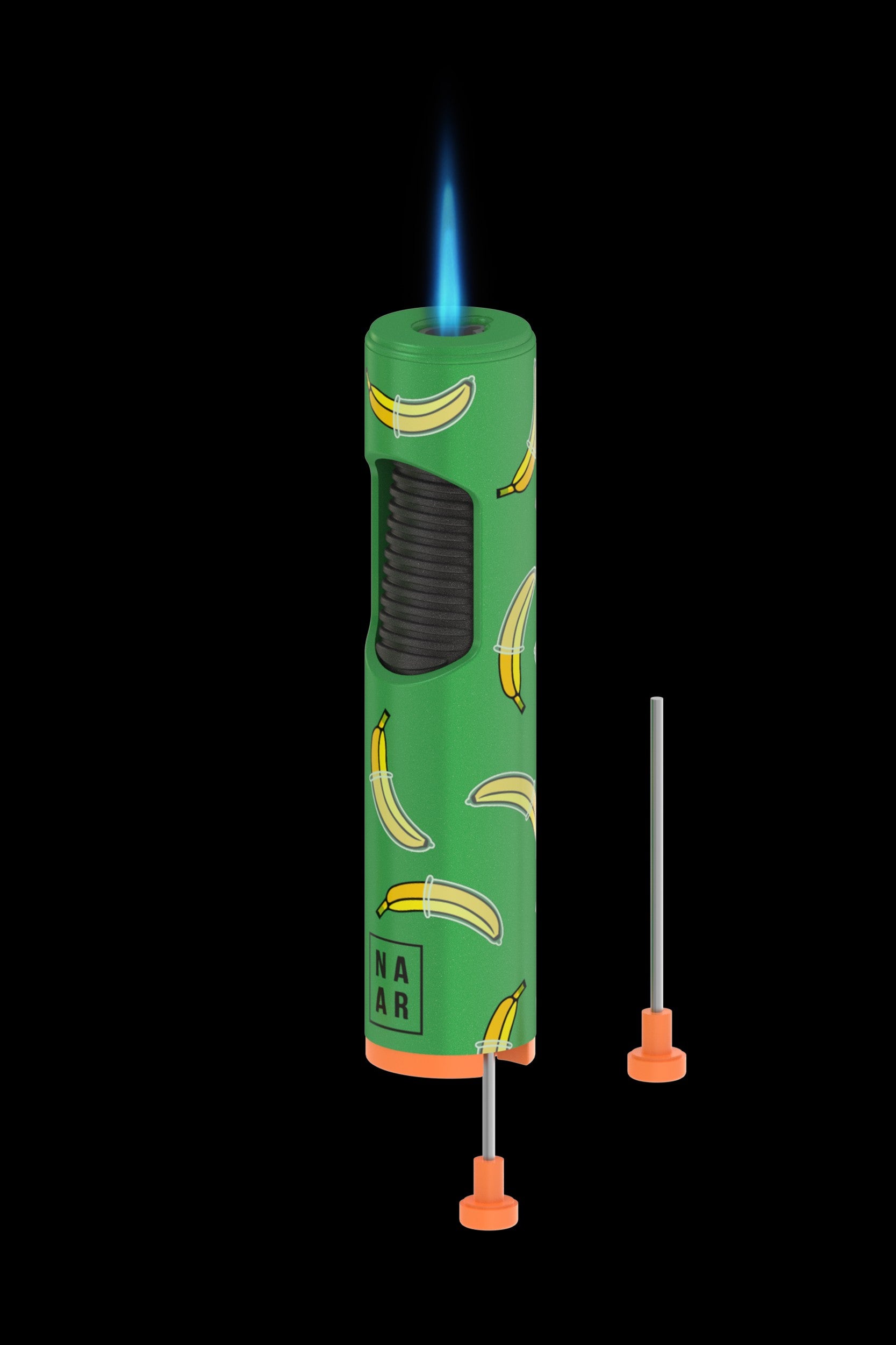 Green butane torch lighter with banana pattern and accompanying dabbing tools, isolated on a black background.