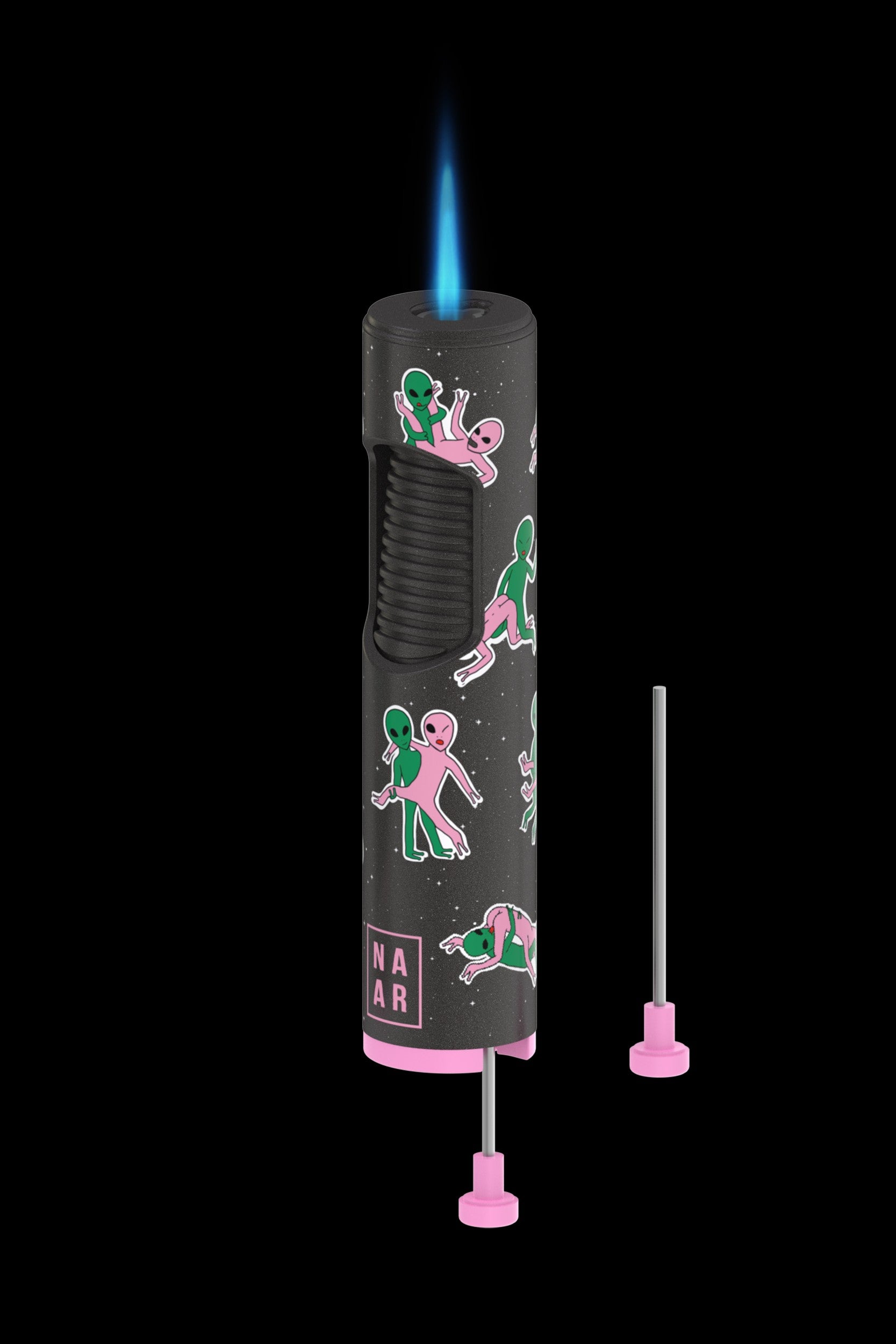 Pink butane lighter with an alien-themed design, flames visible, accompanied by two pink dab tool attachments.
