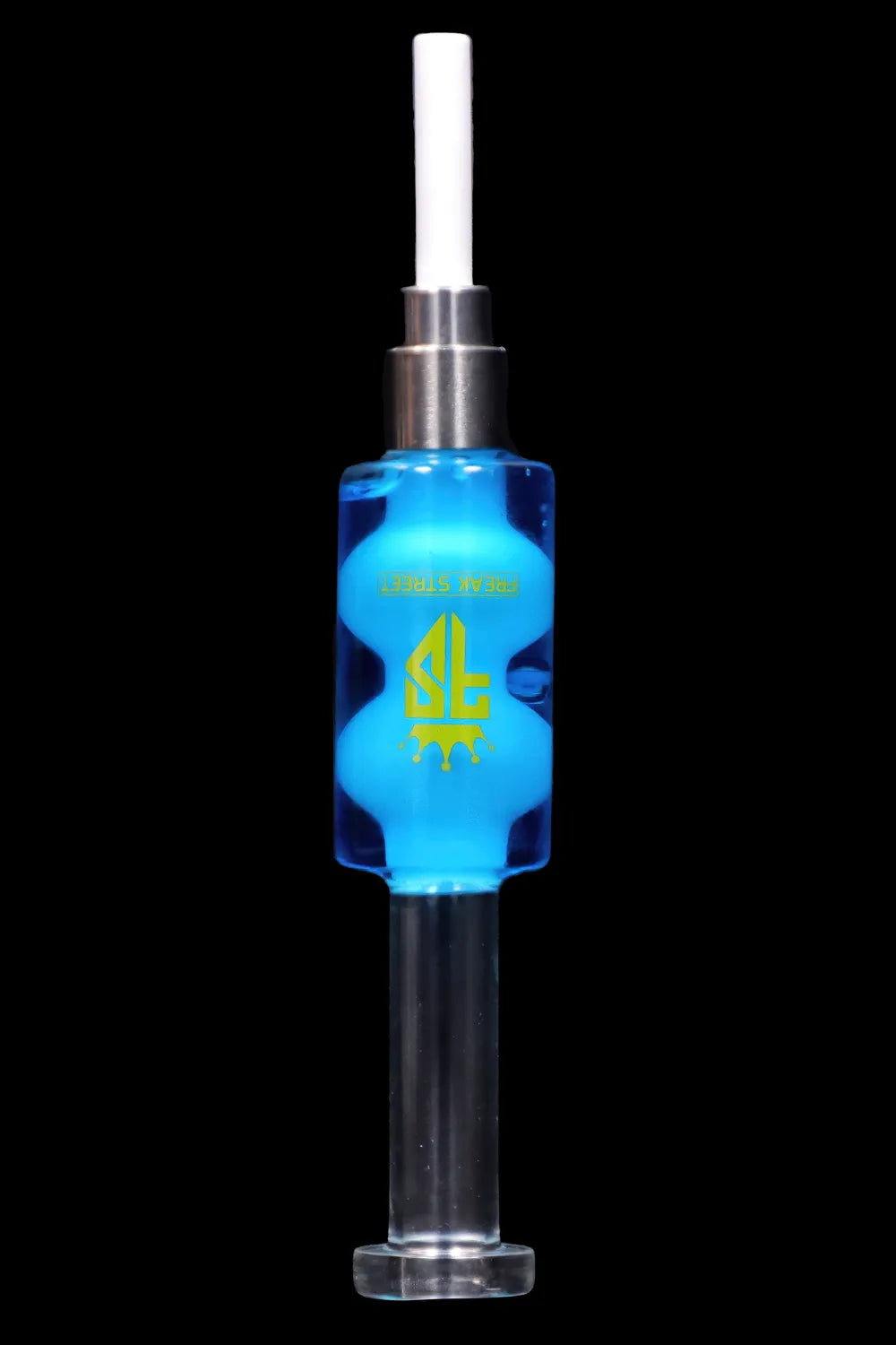 Glowing blue dab syringe with metallic accents and branding.
