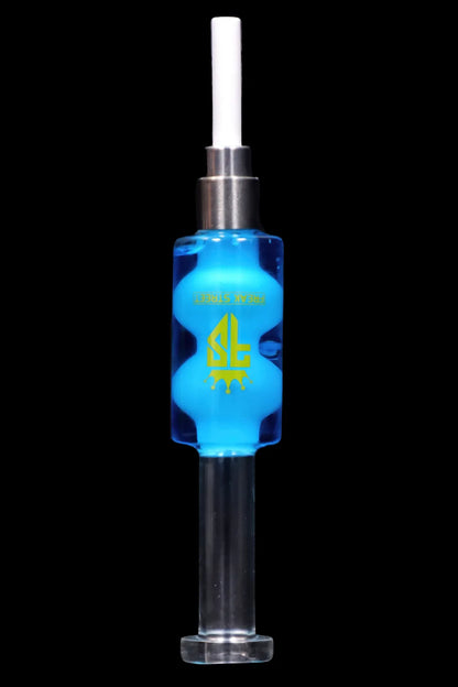 Glowing blue dab syringe with metallic accents and branding.
