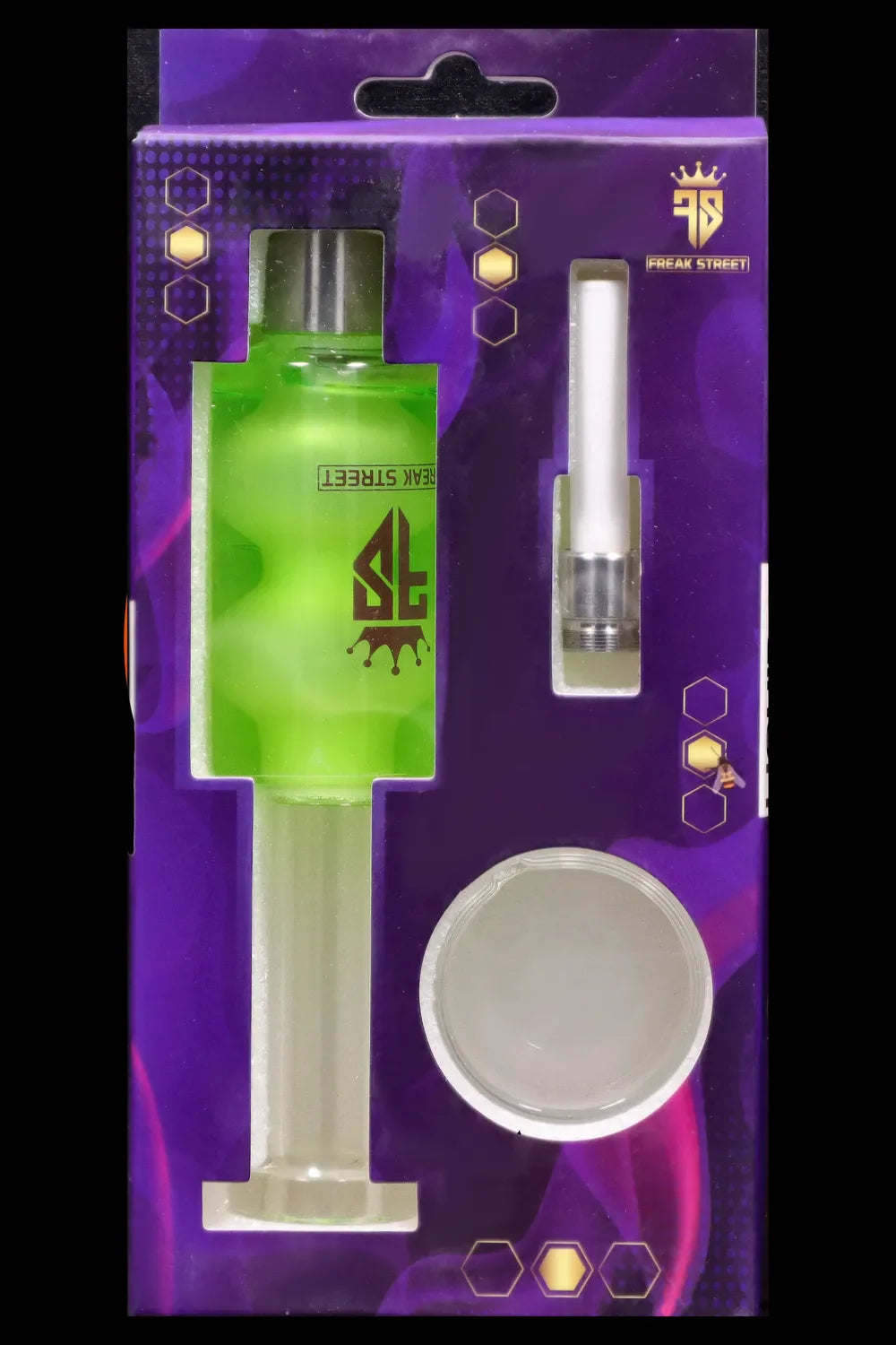 Packaged cannabis accessories including a glass bubbler, cartridge, and collection dish, branded "Freak Street".