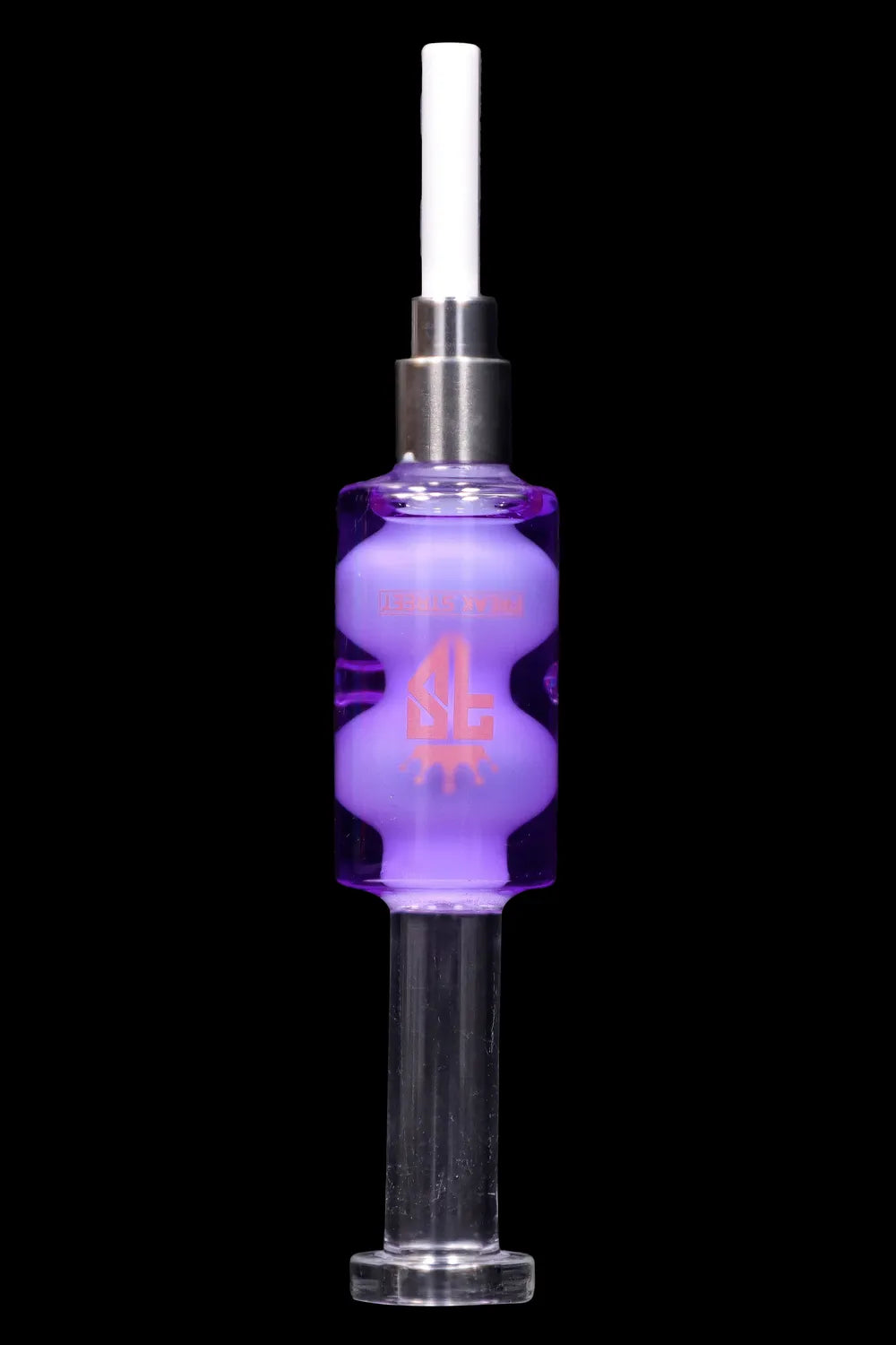 Purple cannabis oil applicator with metallic accents, isolated on a black background.