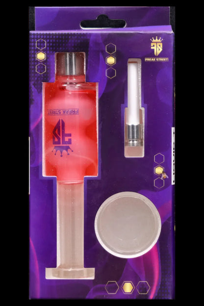 Packaged cannabis oil vape pen and accessories, featuring a red, stylized design with the “Freak Street” brand logo.