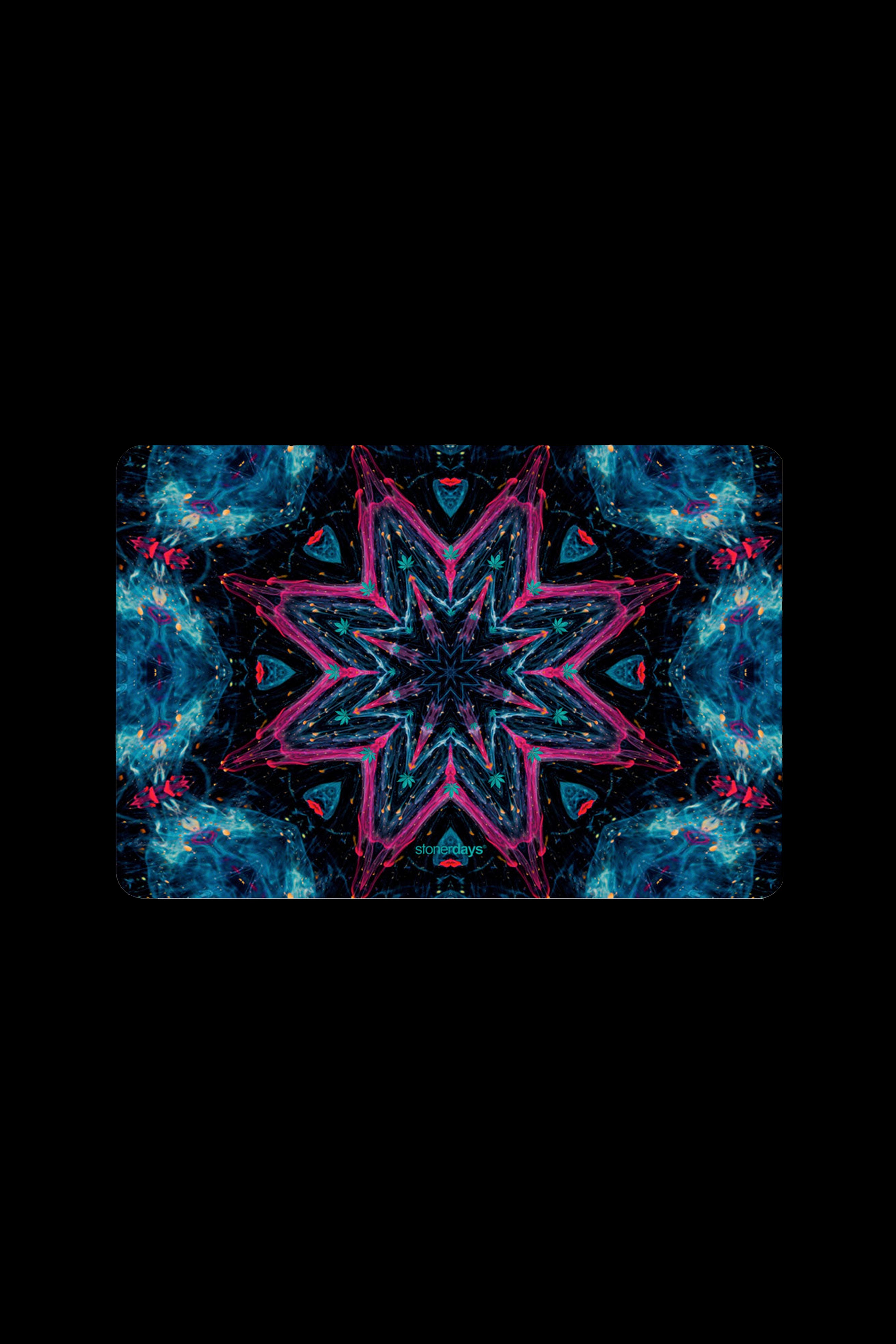Vibrant, kaleidoscopic pattern with cannabis leaf motifs, resembling a psychedelic mandala.