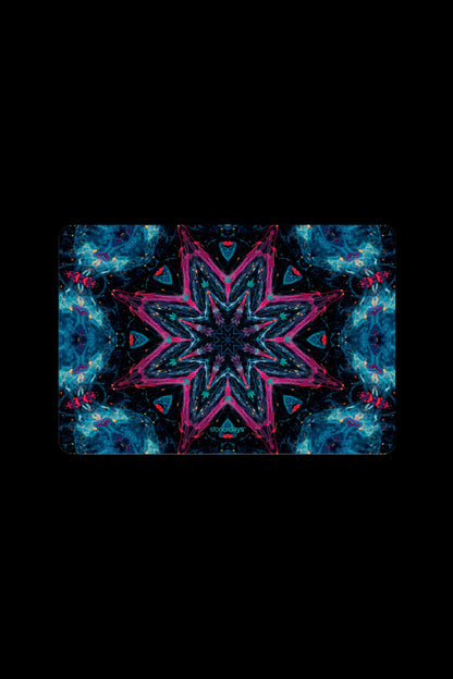 Vibrant, kaleidoscopic pattern with cannabis leaf motifs, resembling a psychedelic mandala.