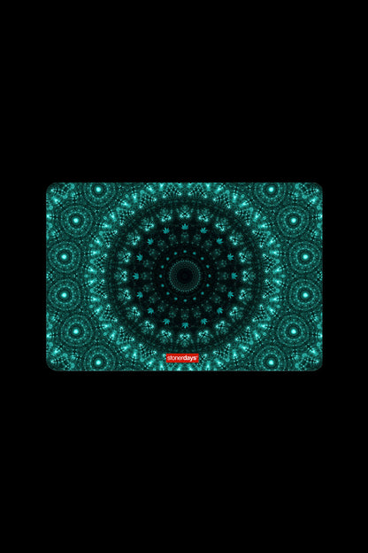 Intricate teal fractal pattern resembling cannabis leaves, branded with “stonerdays”.