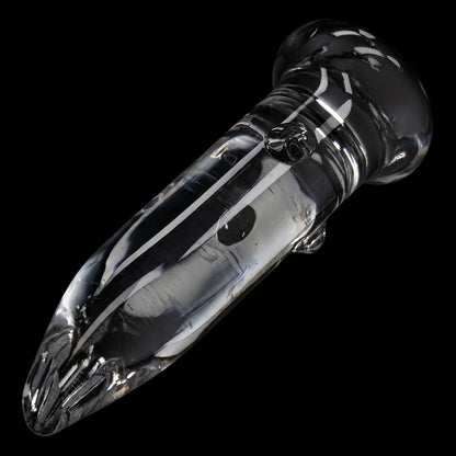 Angled close-up of the clear Smoke Cartel Glass Nail 18mm showcasing its smooth, reflective surface and rounded mouthpiece against a black background