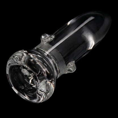 Angled close-up of the Smoke Cartel Glass Nail 18mm showing its clear glass shaft, rounded tip, and textured flared base against a black background