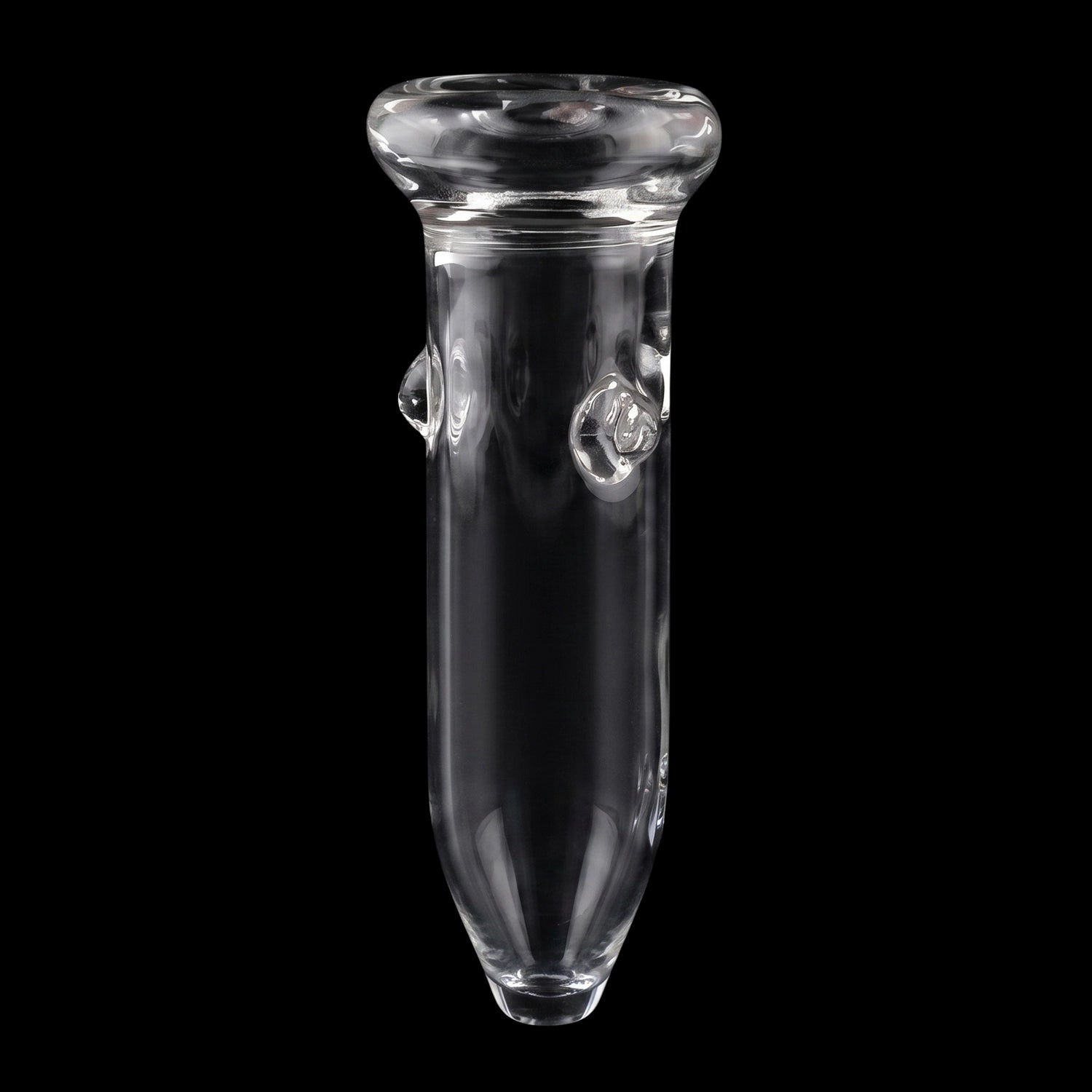 Close-up front view of the clear Smoke Cartel Glass Nail 18mm showing its rounded mouth, cylindrical shaft and two small glass knobs against a black background.
